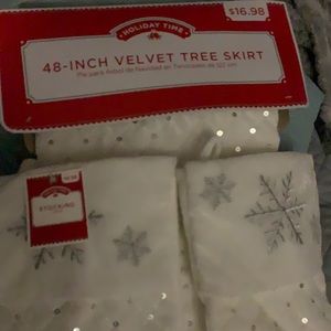 Tree skirt and matching stockings. White with silver snowflakes and sequins